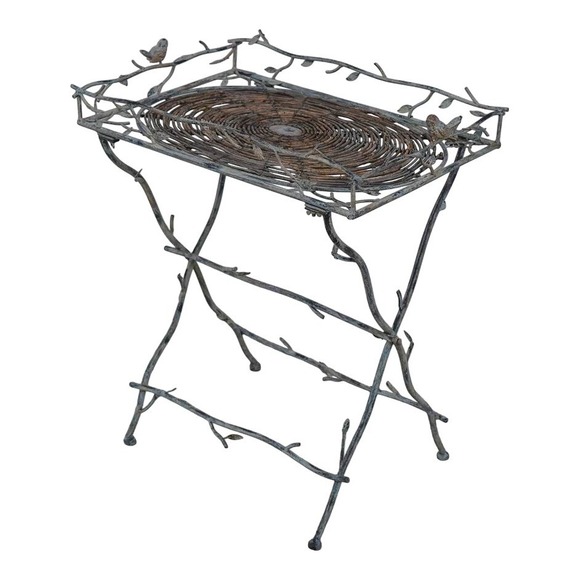 Unbranded Other - Vintage Wrought Iron Twig Side Table Garden Stand Gray Brown Bird Accents